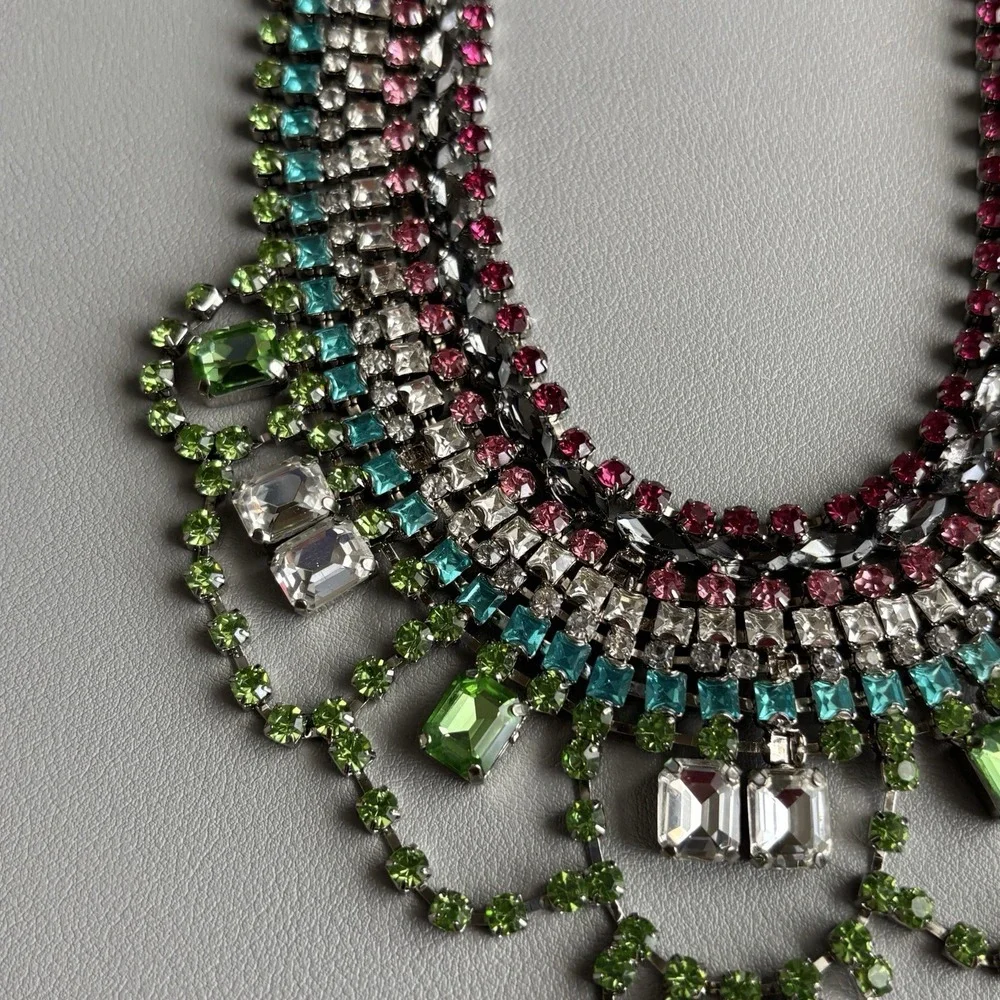 Vintage Juicy Couture Pink Green Rhinestone Statement Bib Necklace 15